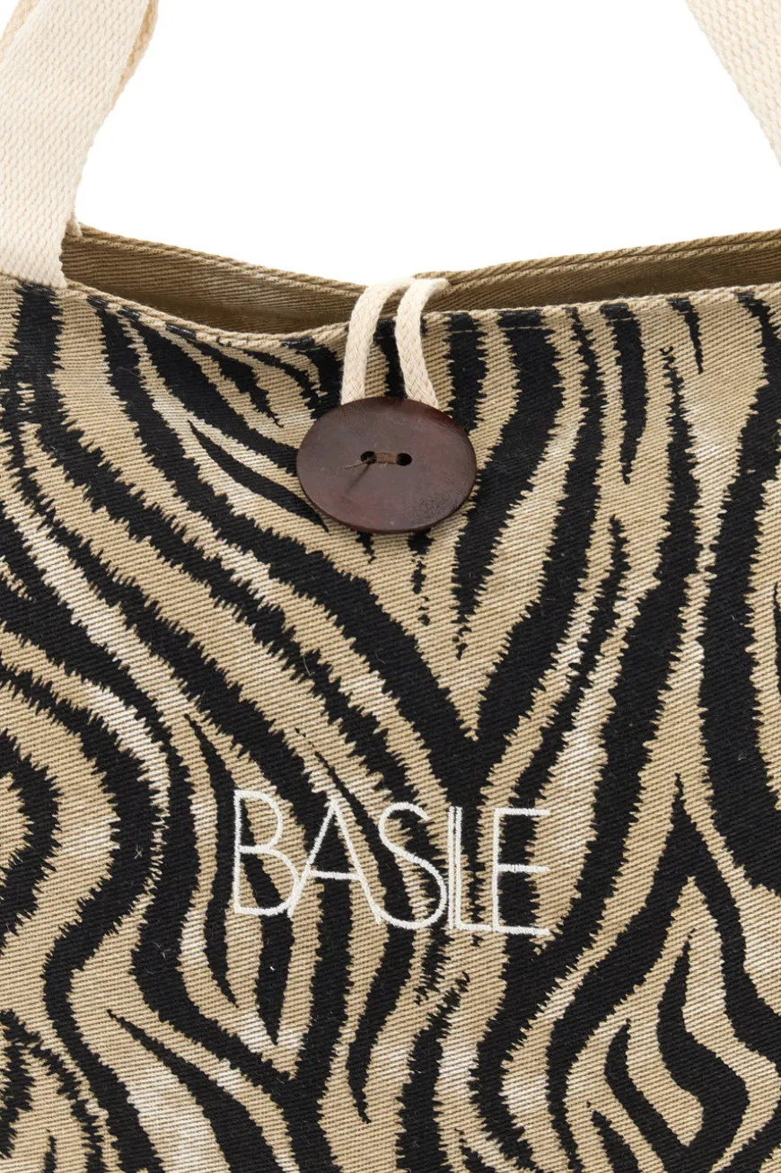 Borsa Mare Beige in Tessuto con Stampa Zebrata e Base in Iuta Basile CLASS BA22219