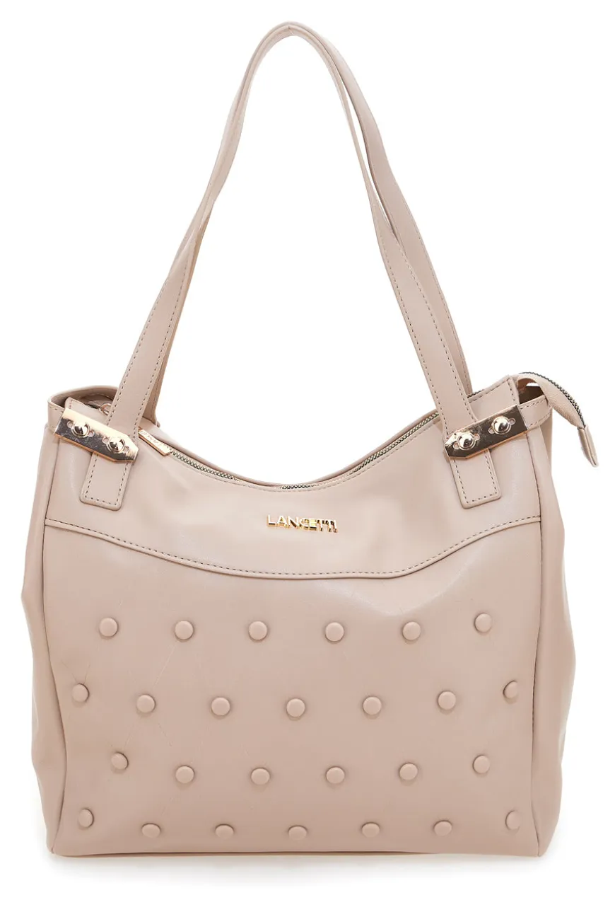 Borsa shopping cipria con borchie tonde Lancetti LL25W-101-3