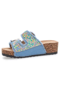 Ciabatte azzurre effetto jeans con dettagli multicolor e fibbie APY66-DAME ROSE Hot