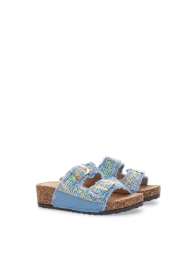 Ciabatte azzurre effetto jeans con dettagli multicolor e fibbie APY66-DAME ROSE Hot