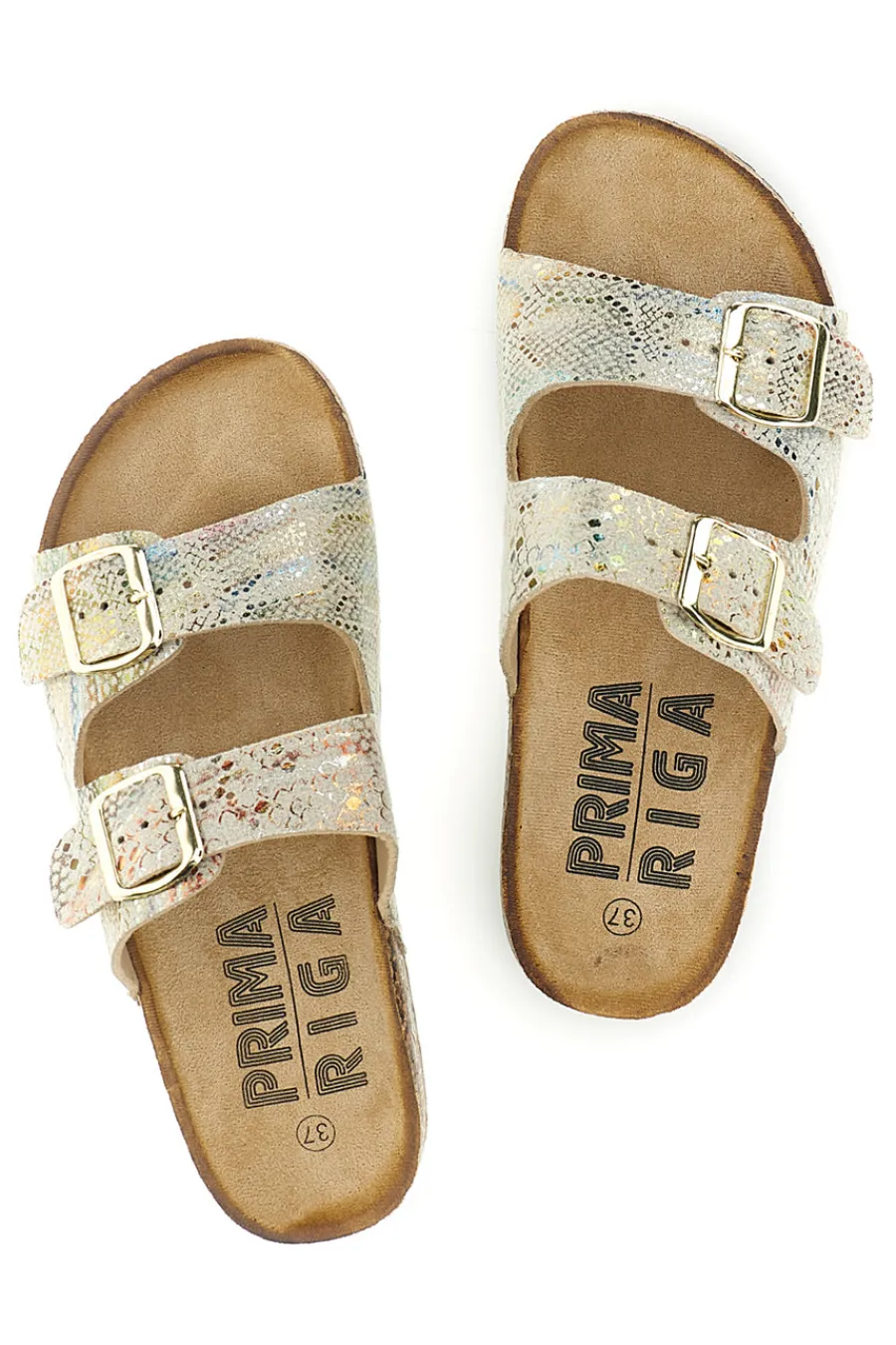Ciabatte Beige con trama multicolore pitonata e doppia fibbia 14601-PRIMA RIGA New