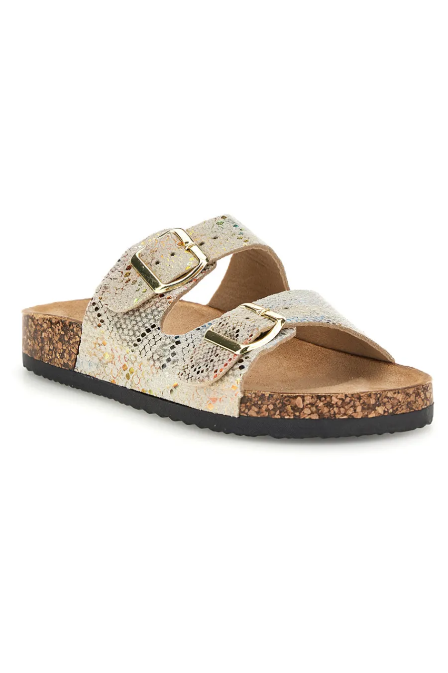 Ciabatte Beige con trama multicolore pitonata e doppia fibbia 14601-PRIMA RIGA New