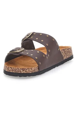 Ciabatte marroni in denim con borchie e doppia fibbia SR001-PITTARELLO SUN New
