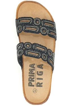 Ciabatte nere con doppia fascia decorata e zeppa effetto sughero 14226-PRIMA RIGA New
