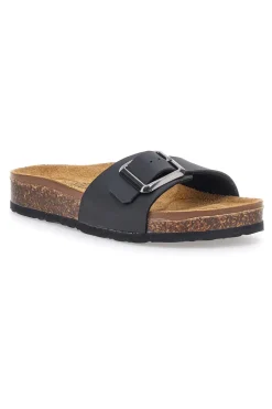 Ciabatte nere fibbia regolabile sottopiede in vera pelle 31838Q-BIOMODEX Outlet