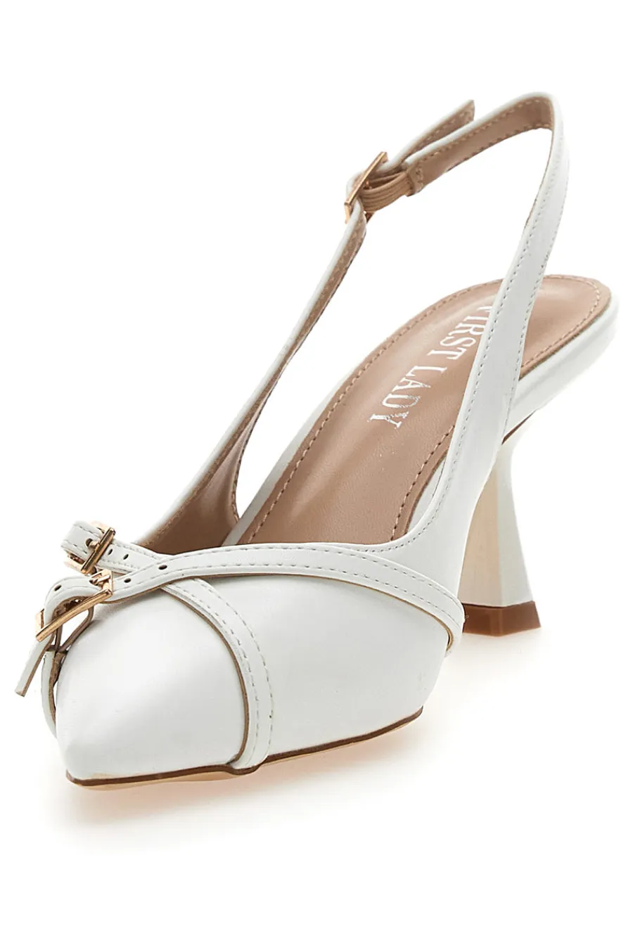 Décolleté Slingback Bianche con Cinturini Decorativi P531-FIRST LADY