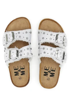 Me & Me 12502 Damen-Sandalen aus weißem Denim mit doppeltem Fransenband und Nieten-ME u0026 ME