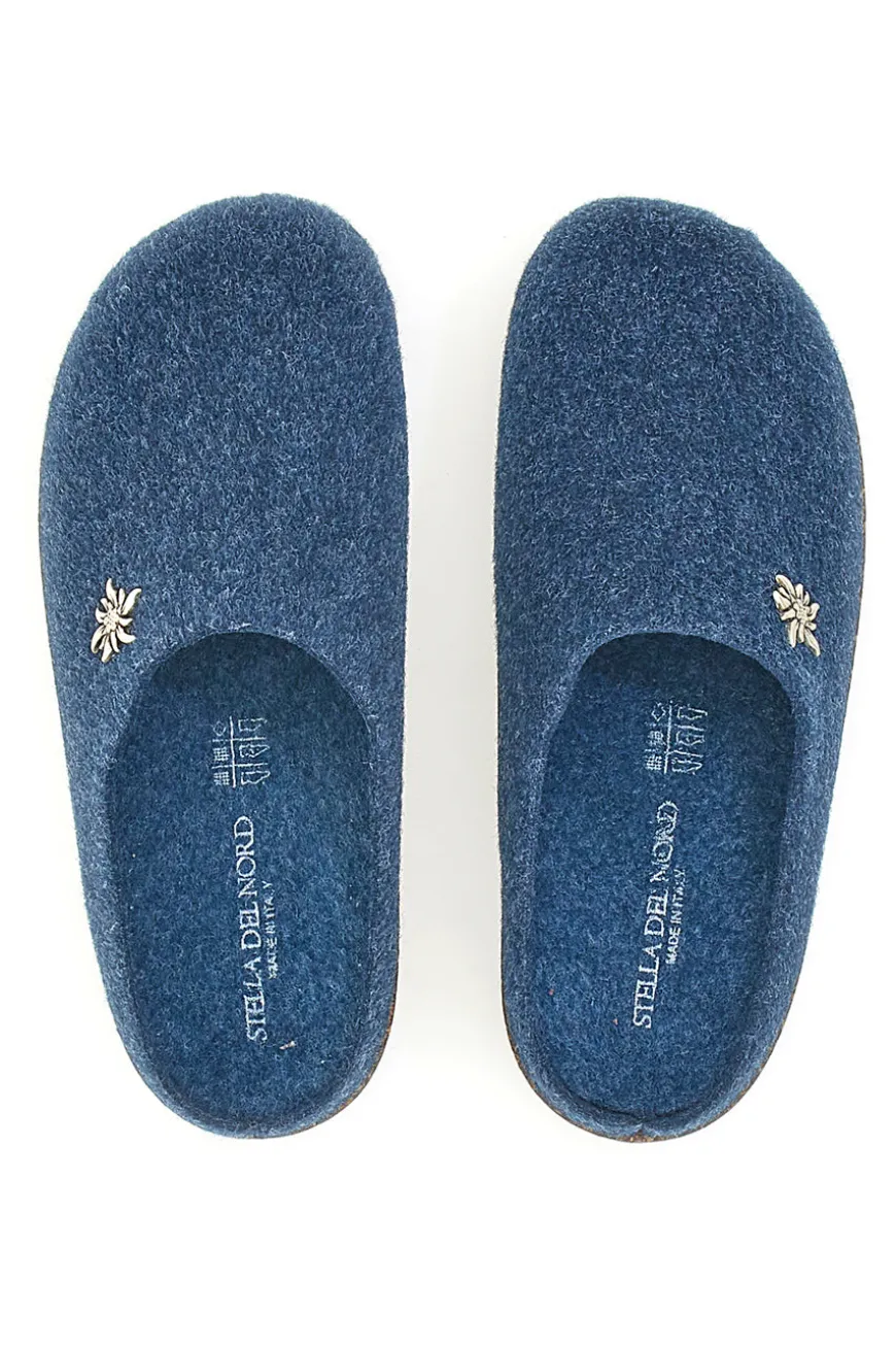 Pantofole Blu in Feltro con Fiore in Metallo e Plantare Estraibile Pittarello Stella Del Nord Bio6