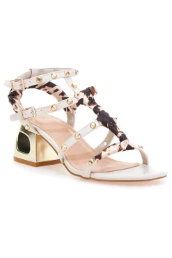 Sandali beige con borchie, lacci animalier e tacco geometrico 1652-MON DIEU New