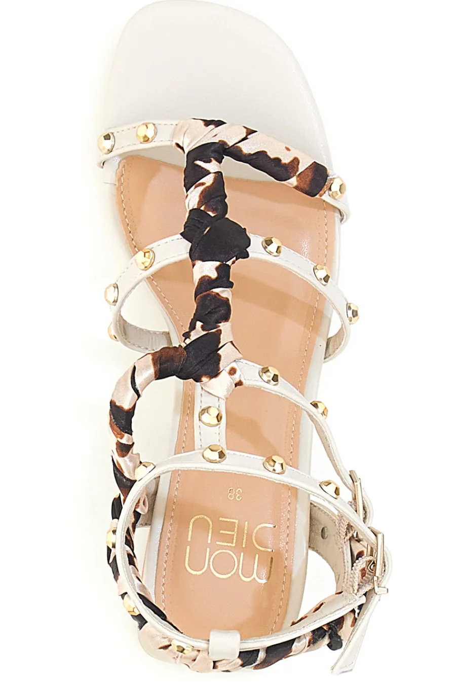 Sandali beige con borchie, lacci animalier e tacco geometrico 1652-MON DIEU New