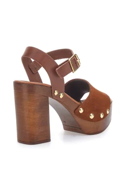 Sandali Marroni con Borchie e Tacco Alto Effetto Legno 35021-PITTARELLO LOVE Outlet