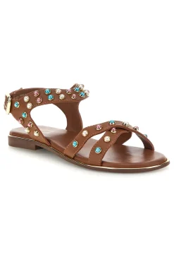 Sandali marroni in vera pelle con borchie multicolor IF6980-PITTARELLO LOOK Clearance