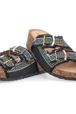 Sandali neri con perline multicolor e doppia fibbia APY66-DAME ROSE New