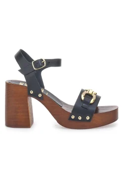 Sandali neri con tacco largo e catena dorata 9086-PITTARELLO LOVE Clearance