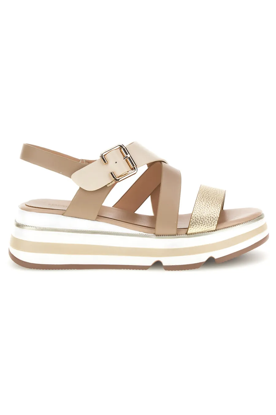 Sandalo oro e nocciola con zeppa e cinturino frontale 52191C1581-MARIELLA BURANI Outlet