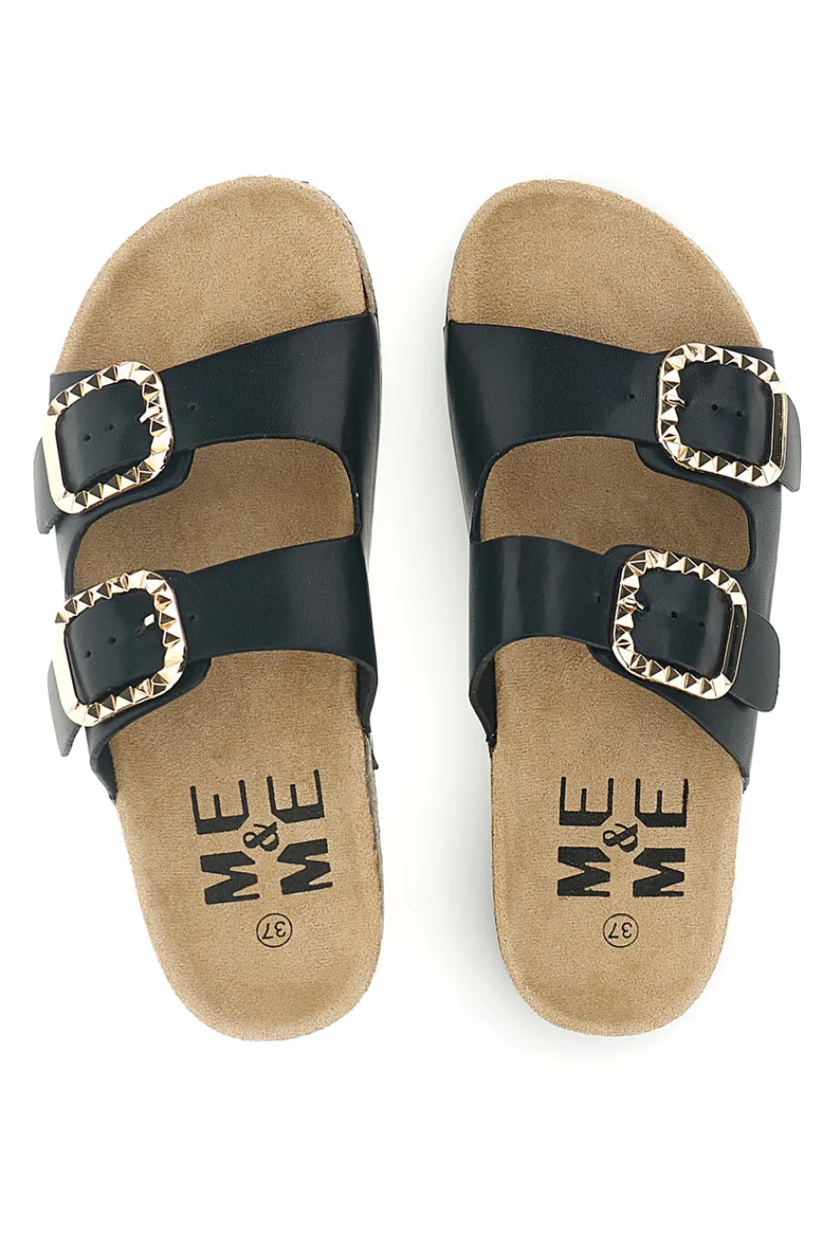 Schwarze Hausschuhe mit doppeltem Riemen und Zierschnallen Me & Me 14604-ME u0026 ME Hot