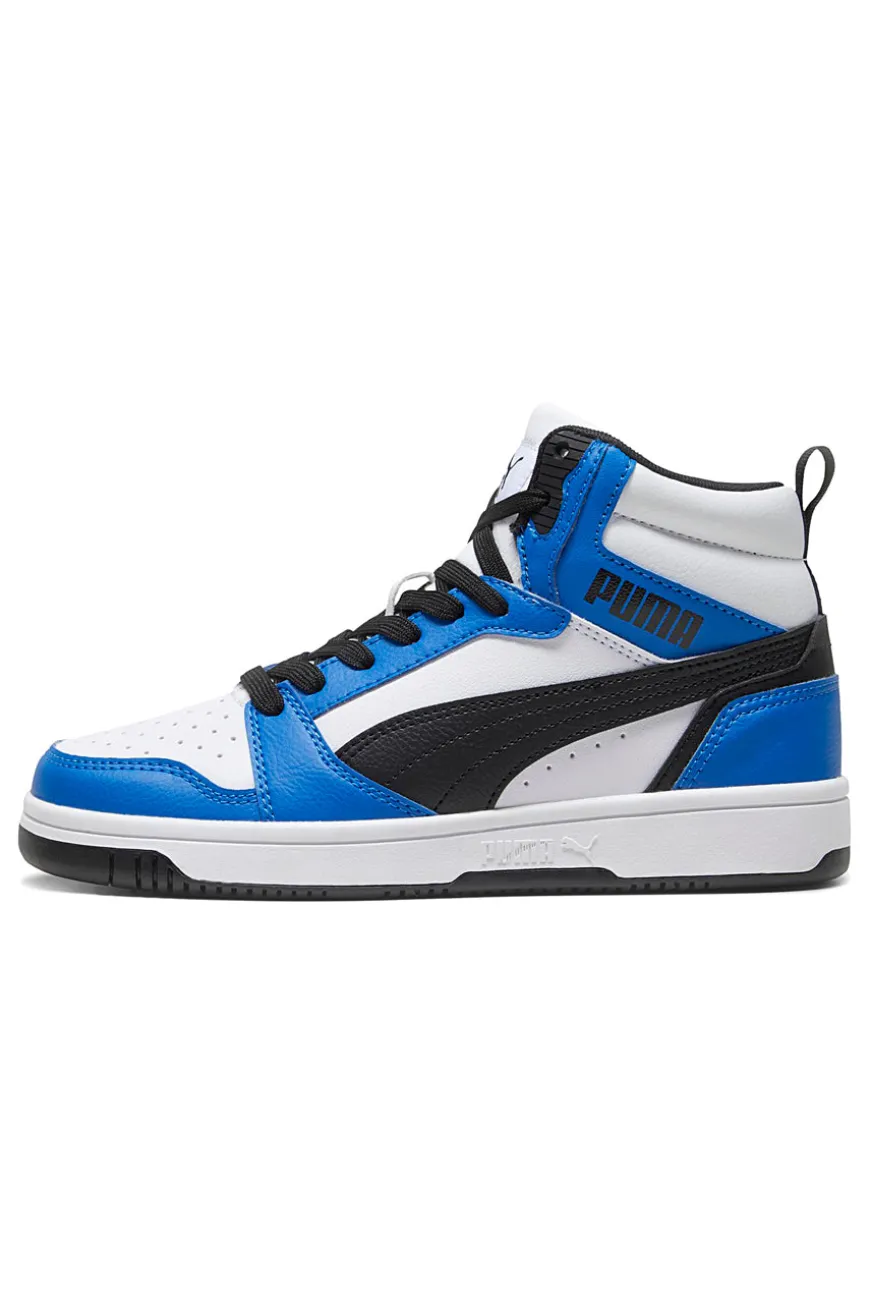 Sneakers alte bianche blu e nere stile basket Puma Rebound V6 Mid Jr