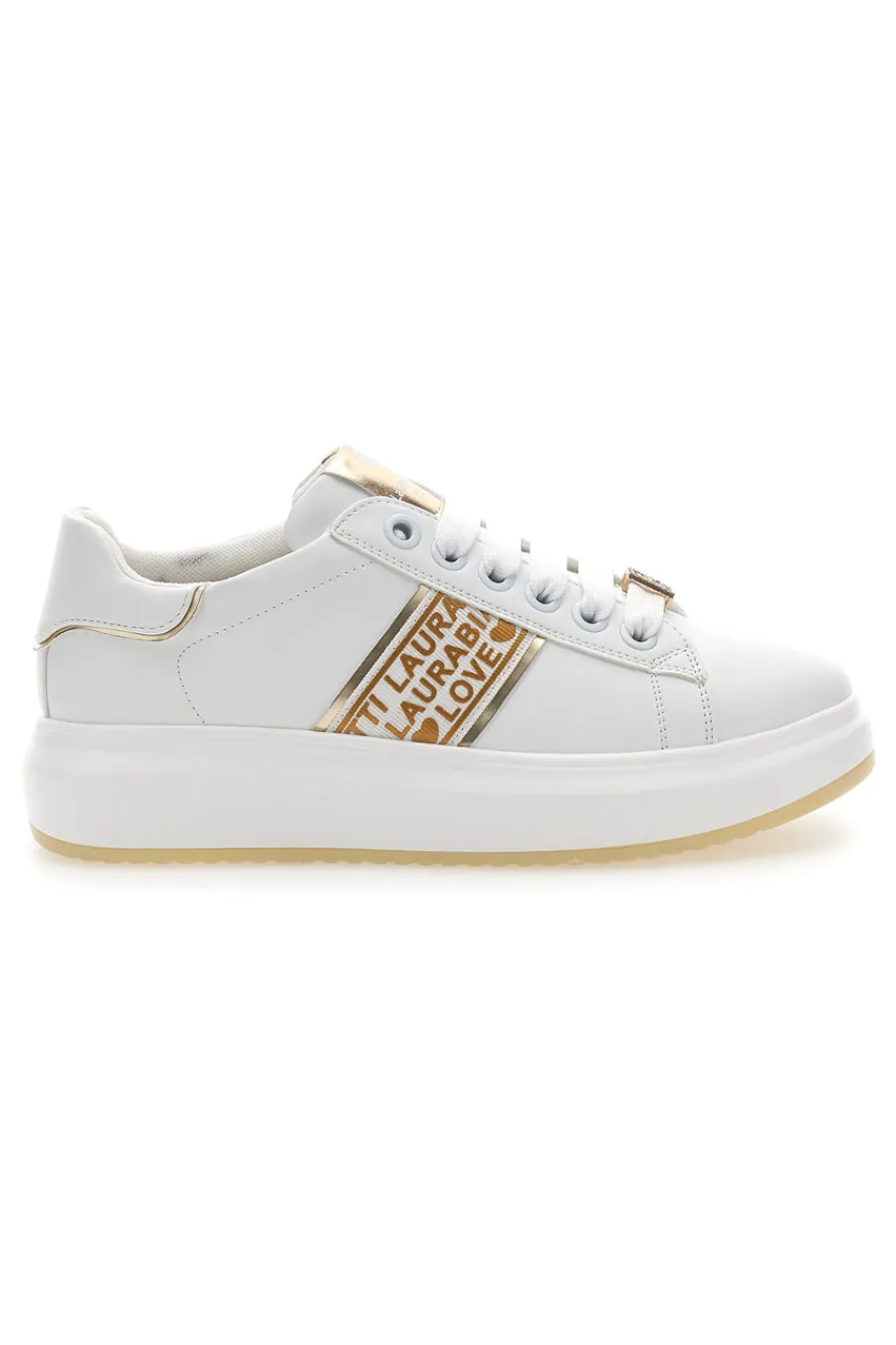 Sneakers Bianche con Bande Laterali Oro L8945-LAURA BIAGIOTTI