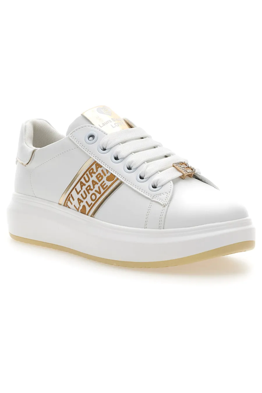Sneakers Bianche con Bande Laterali Oro L8945-LAURA BIAGIOTTI