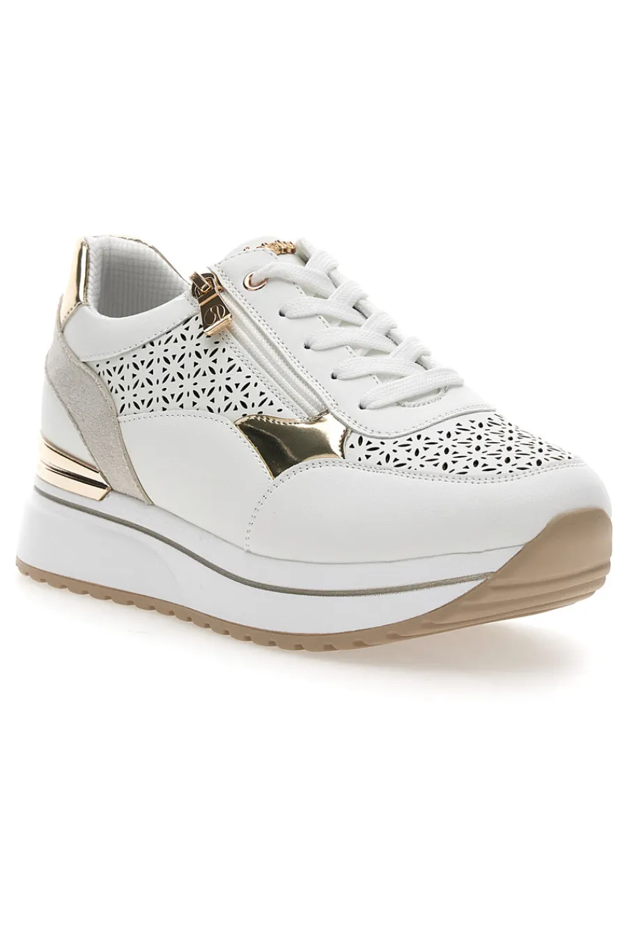 Sneakers bianche traforate con dettagli oro e zeppa 478IN-INBLU Clearance