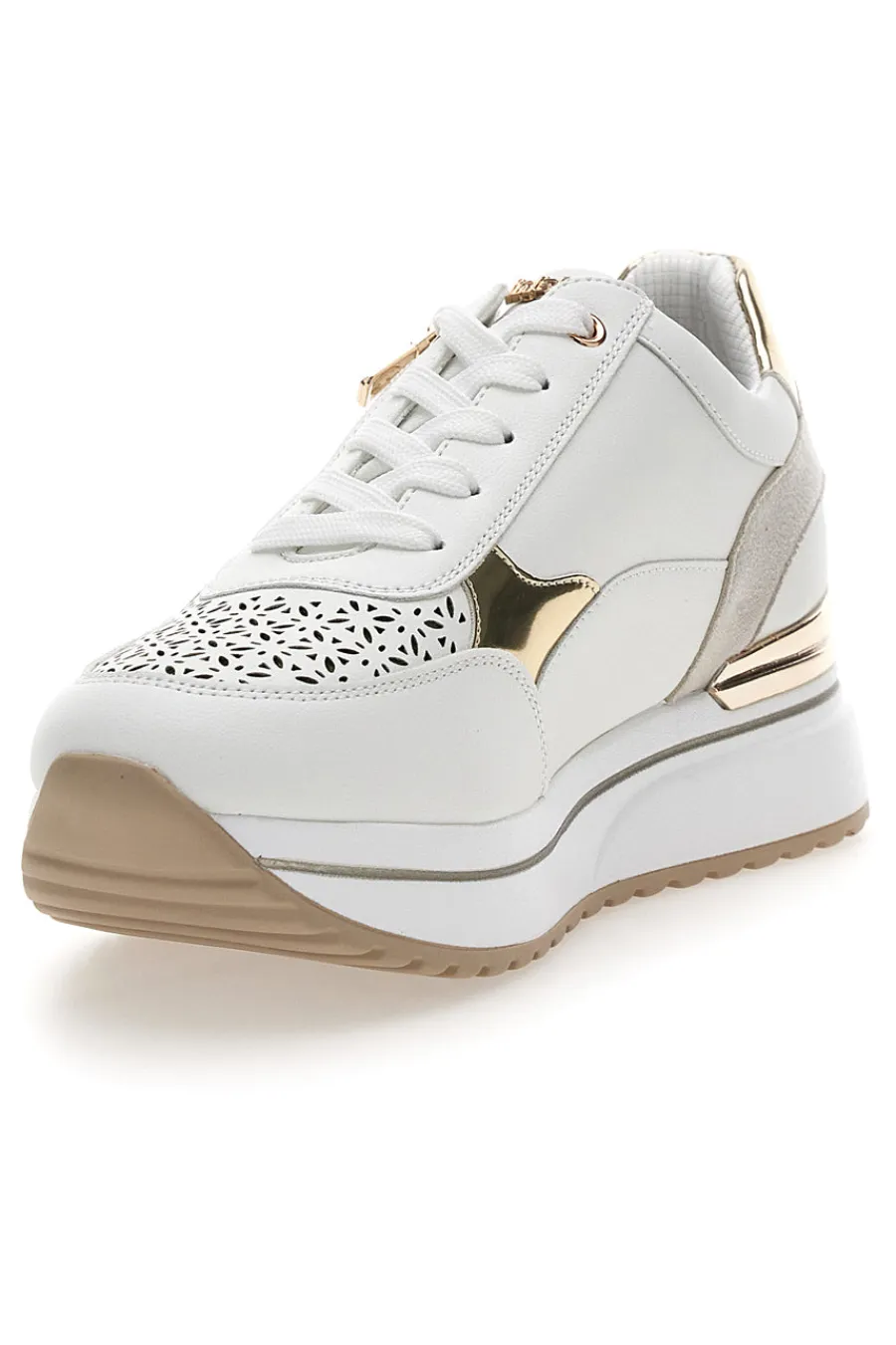 Sneakers bianche traforate con dettagli oro e zeppa 478IN-INBLU Clearance