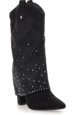 Stivali texani neri con tacco alto e strass P606-THE FIRST Discount